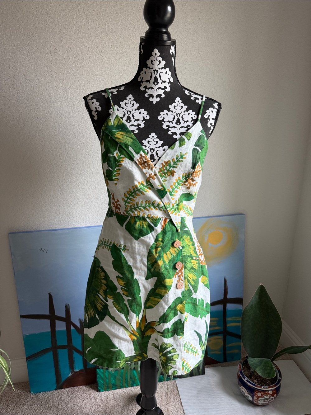 FARM Rio White Mini Dress with Green Tropical Leaf Print